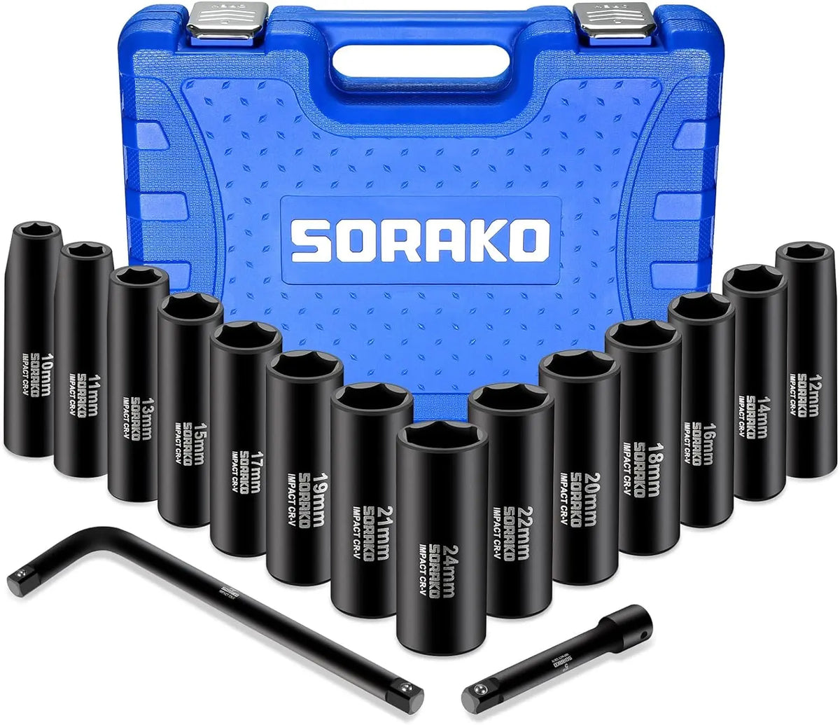 SORAKO 16-Piece 1/2” Drive Metric Deep Impact Socket Set (10-24 mm) – 6-Point Cr-V Steel Tool Kit Set with Extension Bar, L Handle, Anti-Rust Surface, Portable Case for Mechanics’ Work Tools
