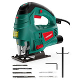 HYCHIKA Jigsaw, 800W Max Cutting Depth 110mm for Wood, 800-3000SPM Electric Jigsaw with Laser, 7 Variable Speeds, 0-3 Orbital Sets, Bevel Cutting: -45 ° to 45, 6 Blades
