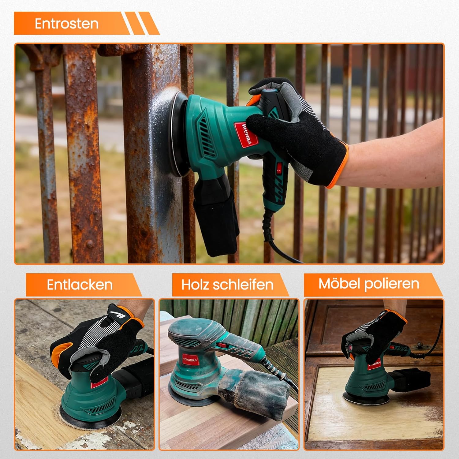 HYCHIKA Random Orbital Sander 125 mm, 300 W Disc Sander with 6 Speeds (6000-13000 OPM), Sanding Machine for Wood with 12 Sanding Discs, Low Noise and Low Vibration