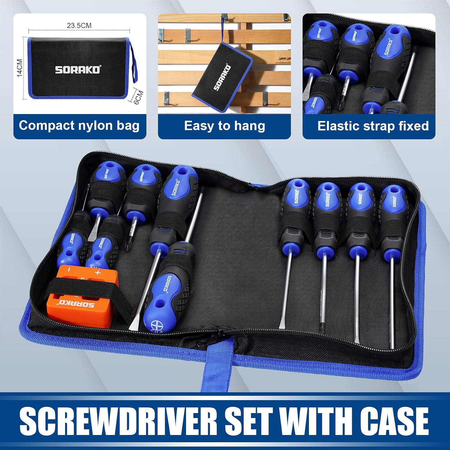 SORAKO 11 PCS Magnetic Screwdriver Set,5 Phillips Screwdrivers and 5 Flat Head Screwdrivers,Made of Heavy-Duty Chrome Vanadium Steel with 2-in-1 Magnetizer,Professional Non-Slip Handle