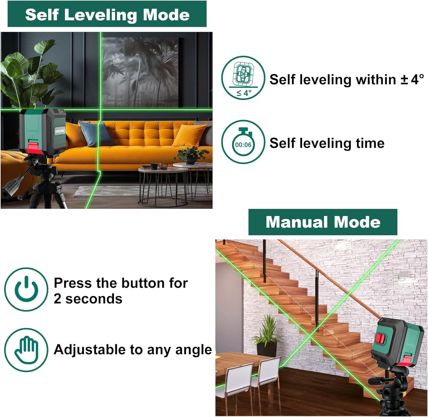 HYCHIKA Laser Level 15 M, Horizontal and Vertical Cross Line Laser, Green Laser Spirit Level 3 Levels of Brightness Adjustment