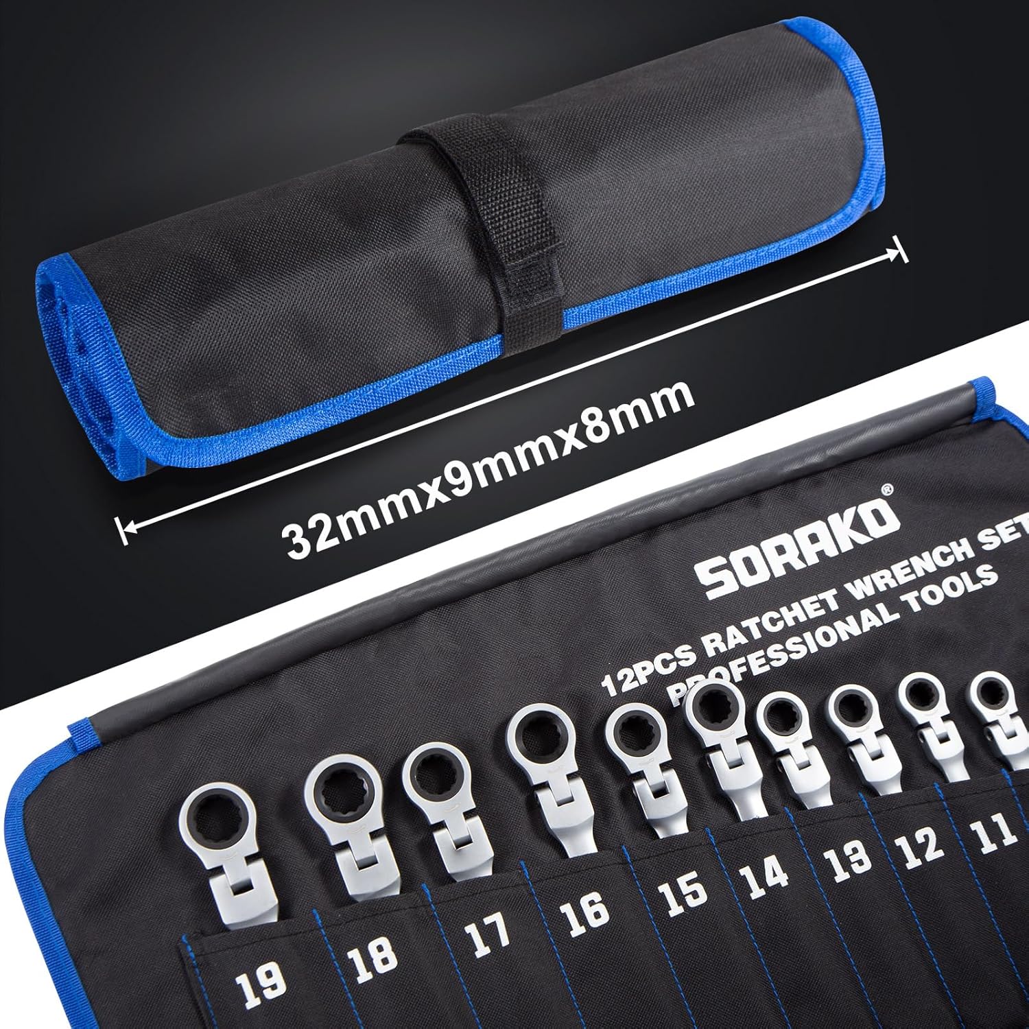 SORAKO Ratchet Spanner Set 12pcs, Flexible Combination Wrench 8-19 mm, Flex-Head Spanner Sets Combination Spanner in Roll Bag for Car Repairing, Industrial Maintenance, SRW12H2, Chrome