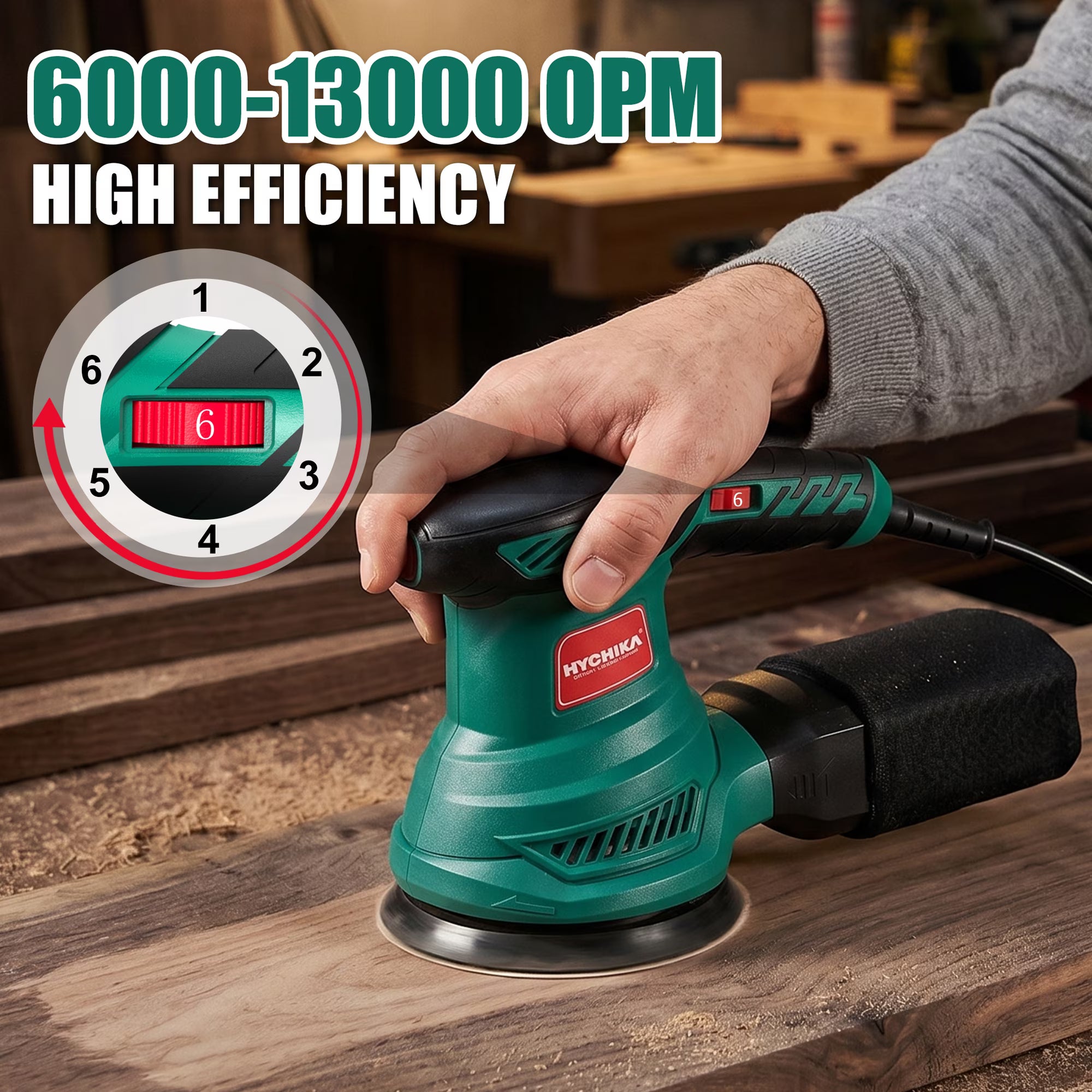 HYCHIKA 5-inch Random Orbital Sander, 13000 RPM 6-Speed with 12 Sandpapers & High Performance Dust Collection System for Wood Finishing and Polishing