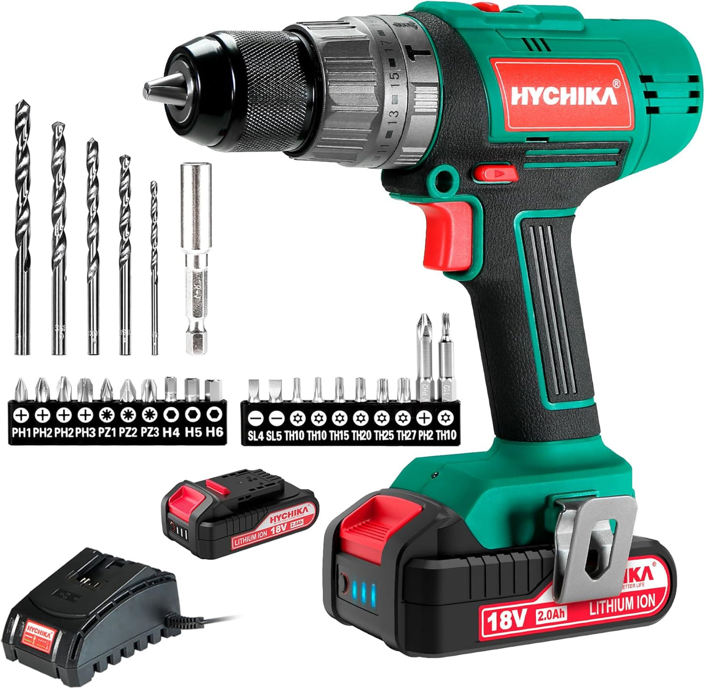 Cordless Brushed Motor Drill Driver 18V, 45 N.m Max with 1*2.0Ah Battery and 27pcs Accessory Set