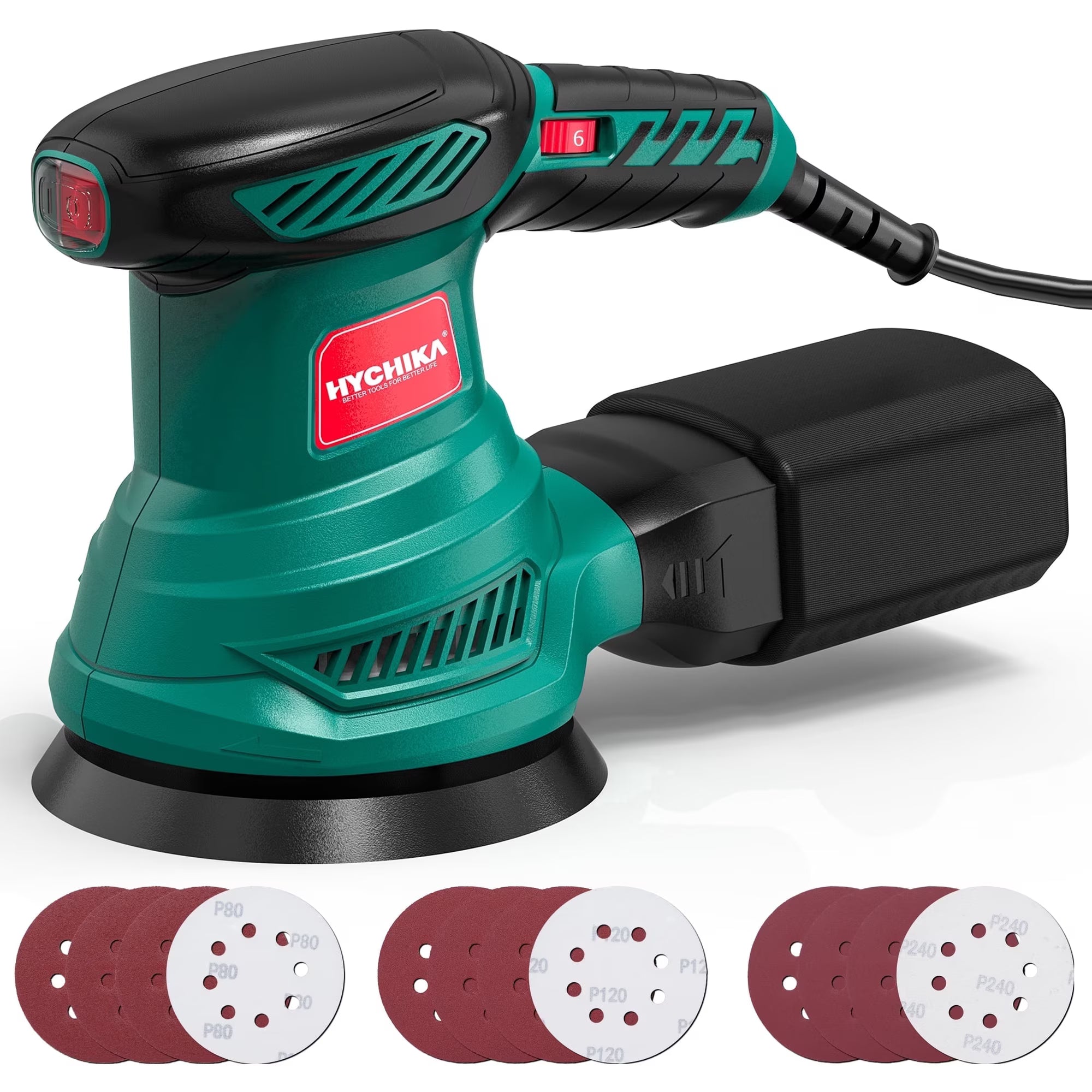 HYCHIKA 5-inch Random Orbital Sander, 13000 RPM 6-Speed with 12 Sandpapers & High Performance Dust Collection System for Wood Finishing and Polishing